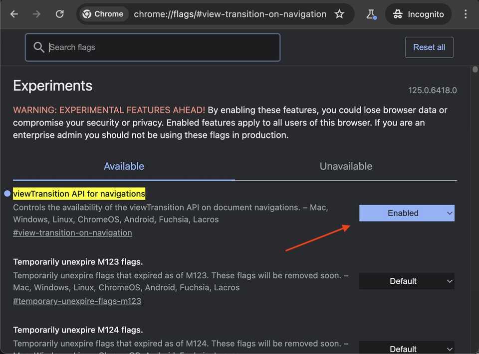 Enabling View Transitions in Chrome Canary