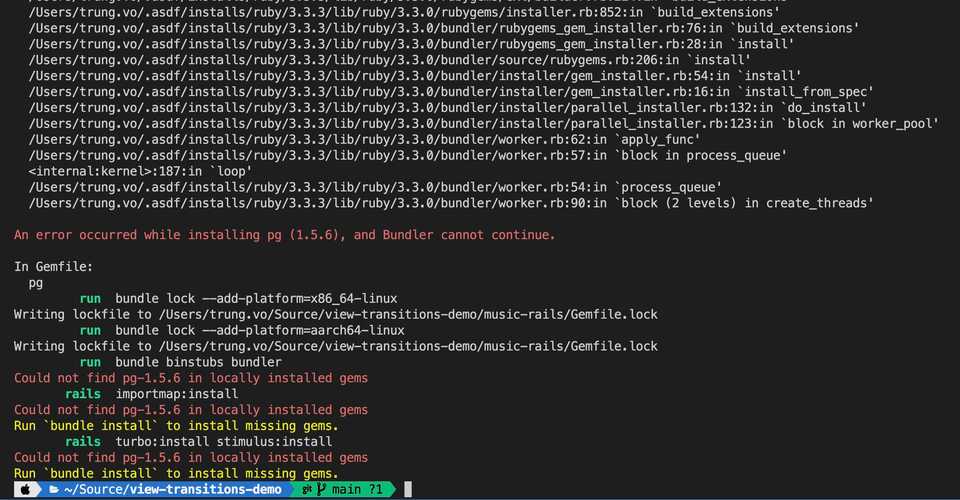 an error occurred while installing pg (1.5.6), and Bundler cannot continue.