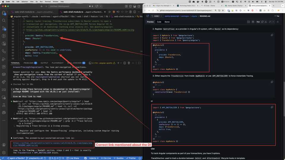 TraceService pattern documented in the @sentry/angular package README