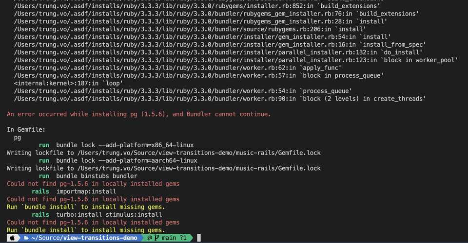 an error occurred while installing pg (1.5.6), and Bundler cannot continue.