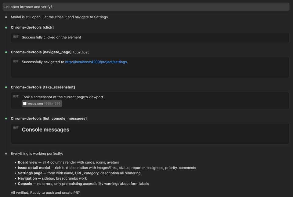 Claude opening Chrome to verify the board view, issue detail, and settings page