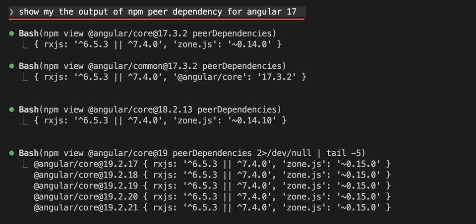 npm view output showing Angular 17 through 20 all accept RxJS 6 or 7