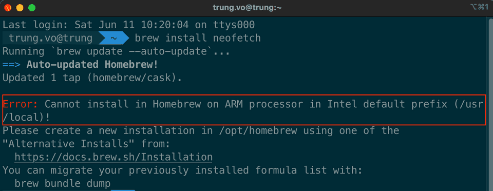 Error: Cannot install in Homebrew on ARM processor in Intel default prefix (/usr/local)