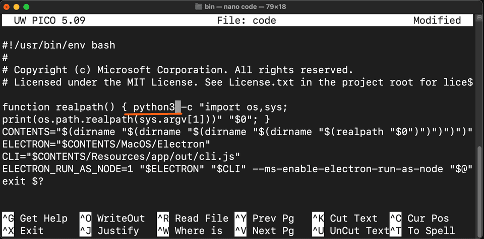 /usr/local/bin/code: line 6: python: command not found