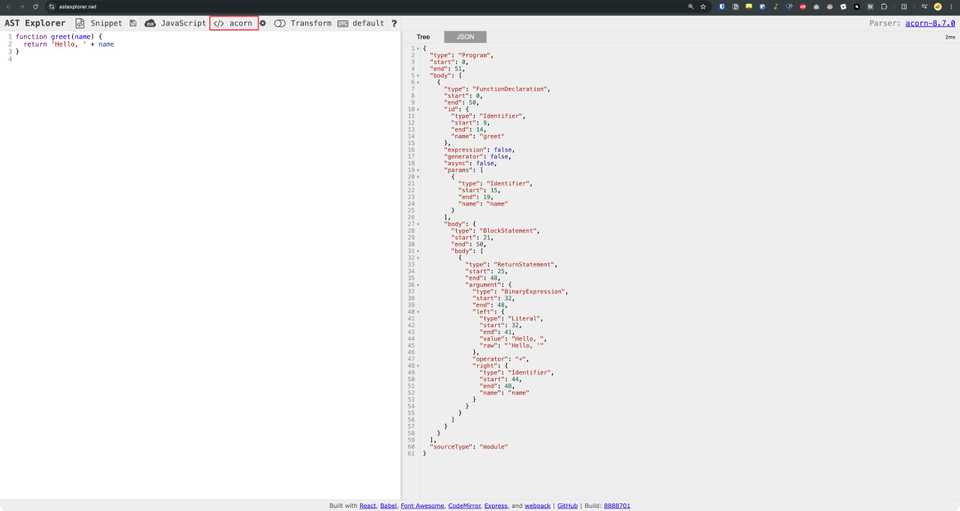 AST Explorer with the acorn parser showing the AST of greet.js, the same output as oxc-parser