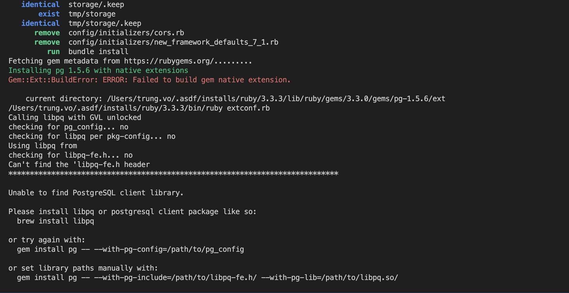 An error occurred while installing pg (1.5.6), and Bundler cannot ...