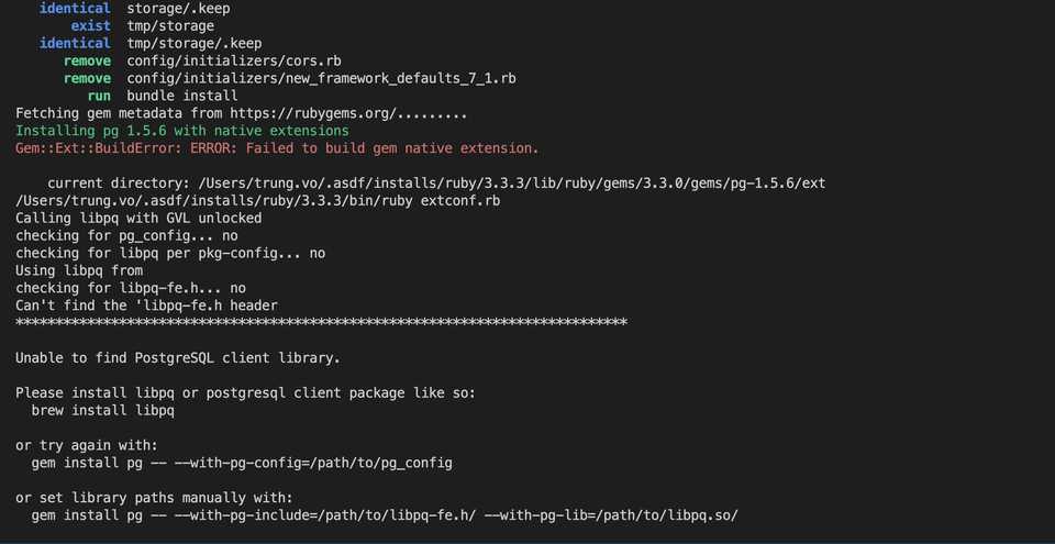 an error occurred while installing pg (1.5.6), and Bundler cannot continue.